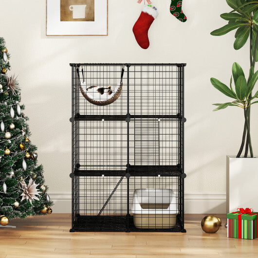 Indoor Cat Cage 3-Tier Cat Enclosure Detachable Metal Wire Kennel-Black W2B