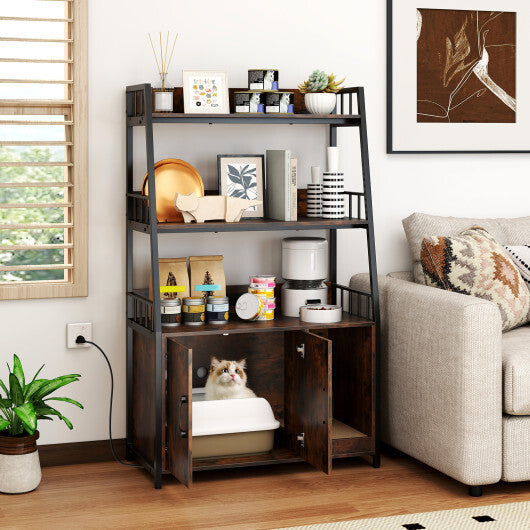 Cat Litter Box Enclosure with Storage Shelves and Scratching Pad-Rustic Brown W2B