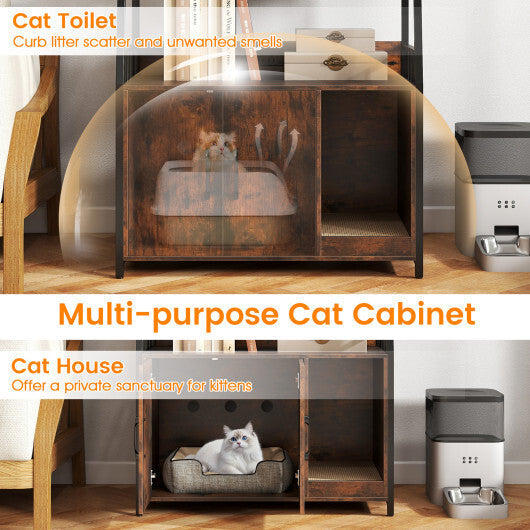 Cat Litter Box Enclosure with Storage Shelves and Scratching Pad-Rustic Brown W2B