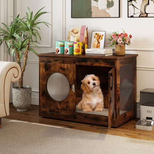 Furniture Style Dog Crate for Small and Medium Dogs with Translucent Window and Lockable Door-Rustic Brown W2B