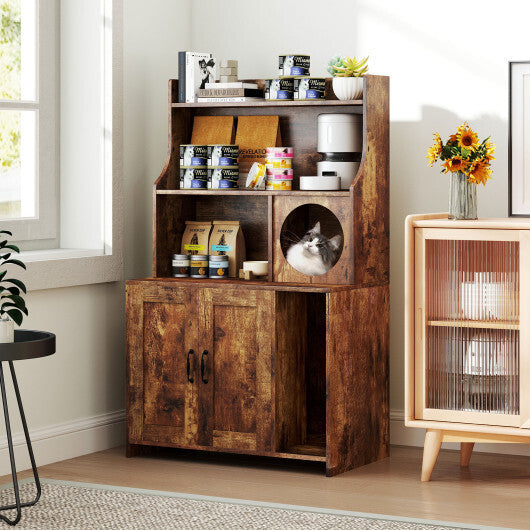 Modern Wooden Industrial Cat Litter Box Enclosure with Storage Shelves-Brown W2B
