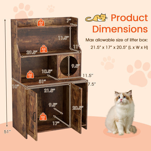 Modern Wooden Industrial Cat Litter Box Enclosure with Storage Shelves-Brown W2B