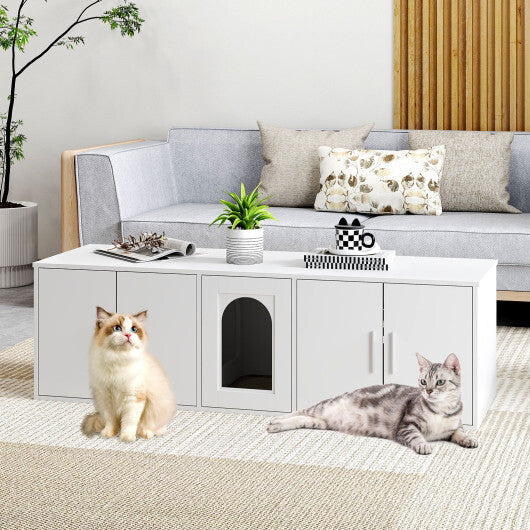 Cat Litter Box Enclosure for 2 Cats with Double Rooms and Sisal Scratching Mat-White W2B