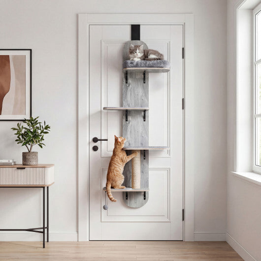 Door Hanging Cat Climber 4-level Height Adjustable with Plush Bed-Beige W2B