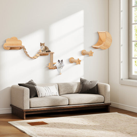 Cat Wall Furniture Set Kitten Wall Mounted Shelves with Hammock-Natural W2B