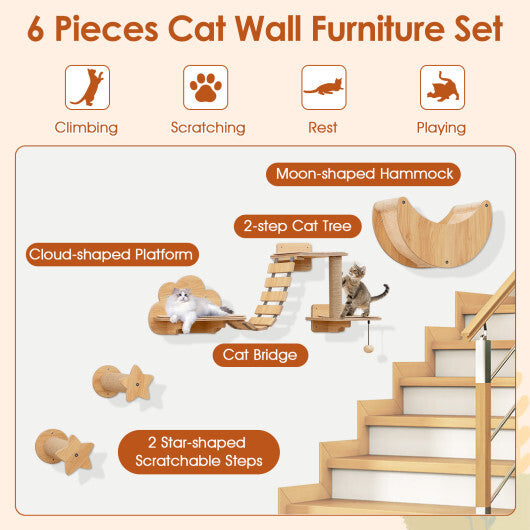 Cat Wall Furniture Set Kitten Wall Mounted Shelves with Hammock-Natural W2B