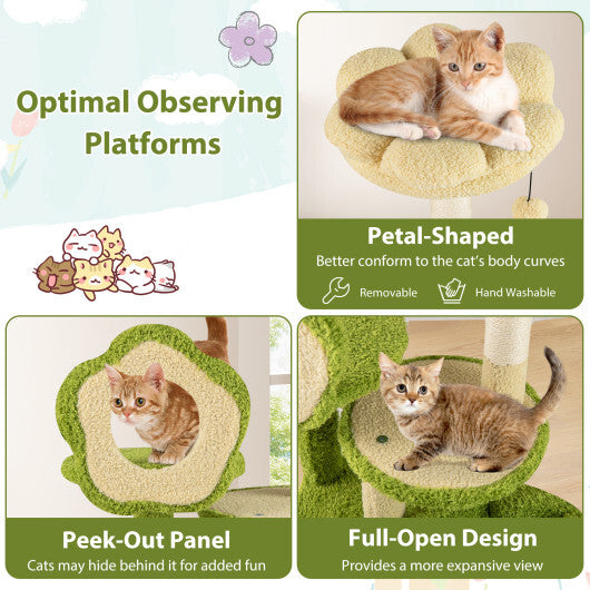 Cute Cat Tree for Adult Cats Multi-level Kitty Tower with Trunk Condo-Green W2B