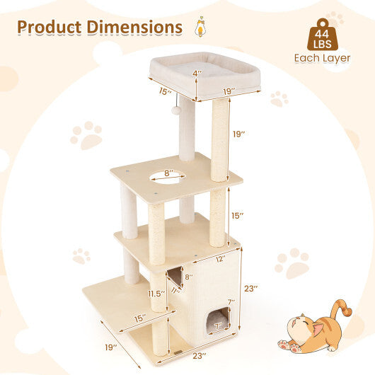 63 Inch Tall Wooden Cat Tree with 2-Story Condo and Plush Padded Top Perch-Natural