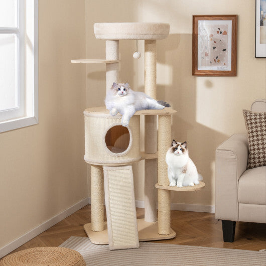 56 Inch Tall Cat Tree with 2 Sisal Scratching Posts and Ladder-NA W2B