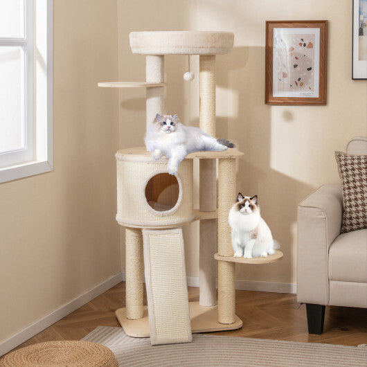 56 Inch Tall Cat Tree with 2 Sisal Scratching Posts and Ladder-NA