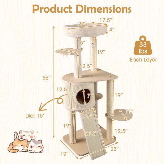 56 Inch Tall Cat Tree with 2 Sisal Scratching Posts and Ladder-NA