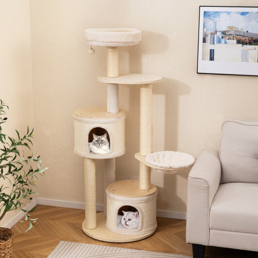 Wooden Kitten Tower with Sisal Scratching Posts and 2 Condos-Natural W2B