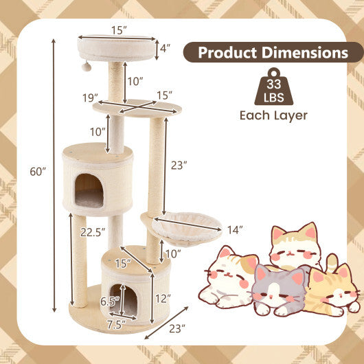 Wooden Kitten Tower with Sisal Scratching Posts and 2 Condos-Natural W2B