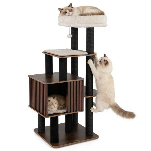 53.5 inch Tall Cat Tree for Indoor Cat Wooden Cat Tower Top Perch with Soft Padding-Brown W2B