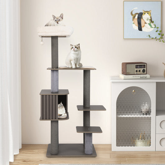 Multi-level Cat Tree for Indoor Cat 59.5 inch Tall Cat Tower with Cushion Top Perch-Gray W2B