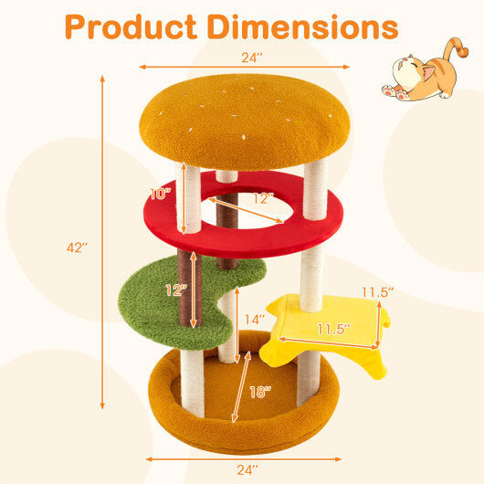42 Inch Tall Modern Cat Tree Multi-Level with Padded Perch and Cat Bed-Yellow W2B