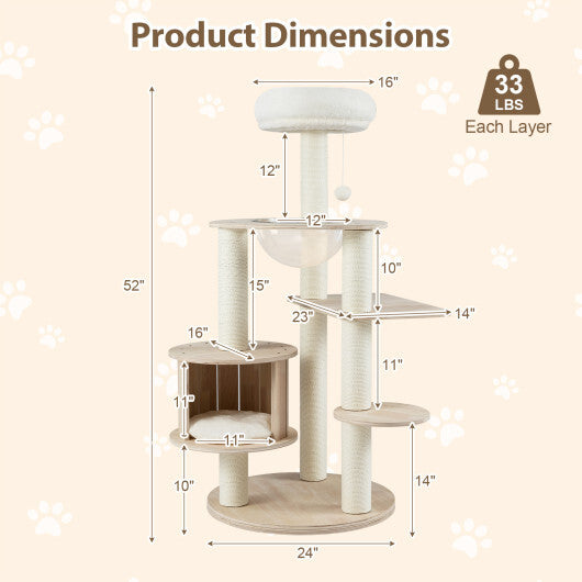 52 Inches Tall Wooden Cat Tree with Washable Plush Cushions and Multi-Level Climbing Stand W2B