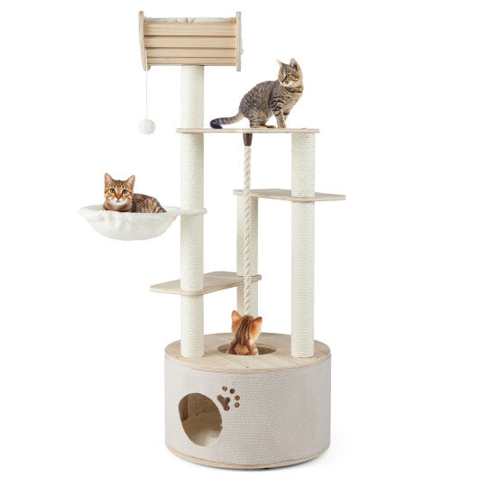 55.5 Inches Tall Wooden Cat Tree with Washable Plush Cushions for Indoor Cats W2B