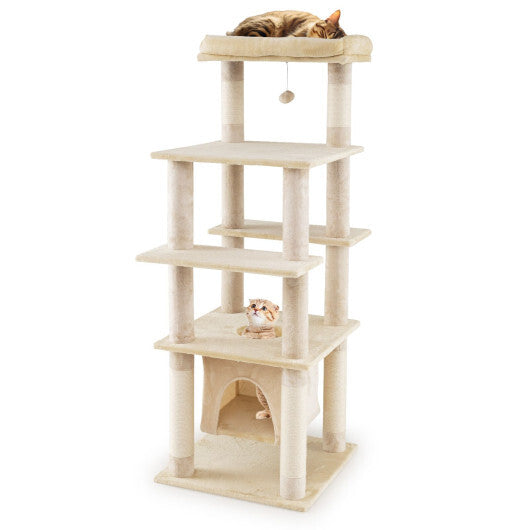 58 Inch Large Multi-level Cat Tree with Swaying Aerial Condo and Plush Perch Bed-Brown W2B