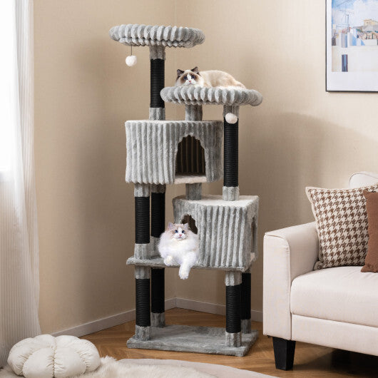 62 Inch Tall Cat Tower with Scratching Posts and Soft Flannel Covering-Light Gray W2B