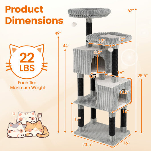 62 Inch Tall Cat Tower with Scratching Posts and Soft Flannel Covering-Light Gray W2B