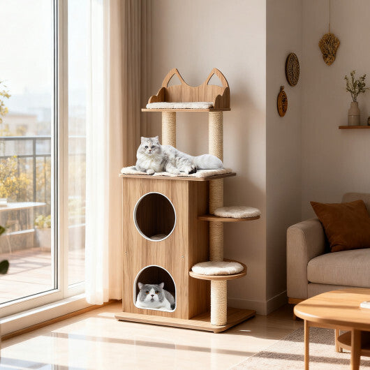 48 Inch Wooden Cat Tree with 2-Floor Condo and Washable Cushions-Natural W2B