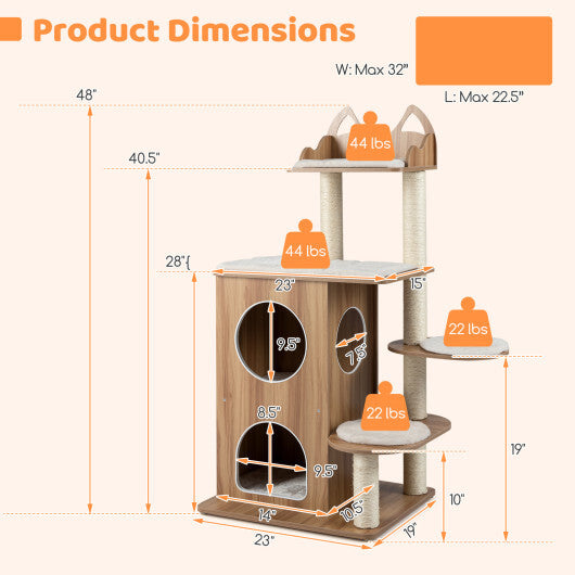 48 Inch Wooden Cat Tree with 2-Floor Condo and Washable Cushions-Natural W2B