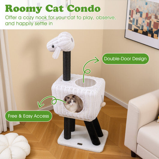 43-Inch Lamb-Shaped Cat Tower with 2-Door Rattan Condo for Indoor Kittens-White W2B