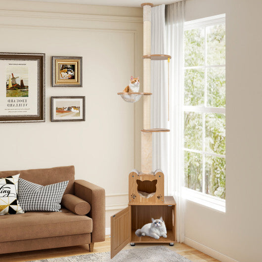 101 Inch Floor to Ceiling Cat Tree Height Adjustable with Litter Box Enclosure-Brown W2B