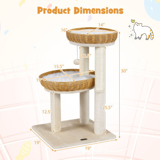 30-Inch Cat Tower with 2 Rattan Cat Baskets for Indoor Kittens-Beige W2B