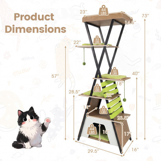 73 Inch Multi-level Cat Tree for Indoor Cats with Elevated Perch and Large Condo-Green W2B