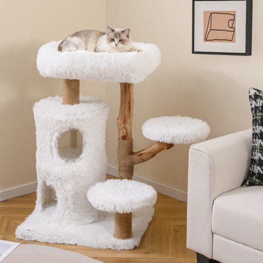 Modern Cat Tree for Indoor Cats 30.5 Cat Tower with Real Solid Wood Branches-White W2B