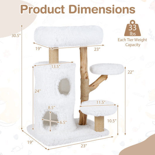 Modern Cat Tree for Indoor Cats 30.5 Cat Tower with Real Solid Wood Branches-White W2B