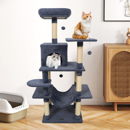 58" Multi-Level Cat Tree Soft Plush Cat Tower with Padded Top Perch-Grey W2B
