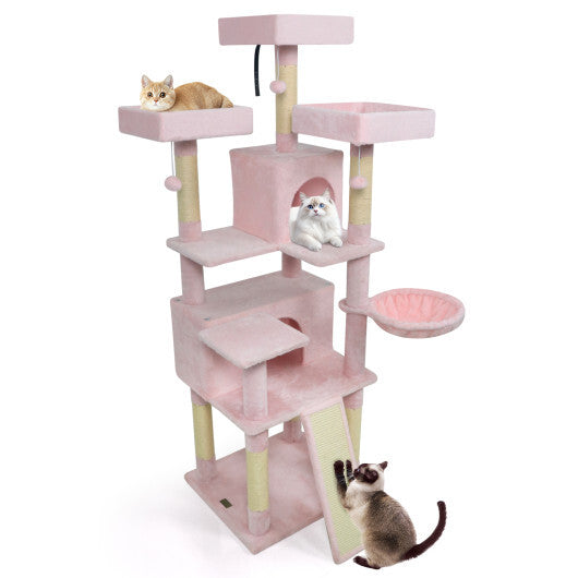65 Inch Tall Multi-level Cat Tree with 3 Upholstered Perch and 2 Cat Condos-Dark Gray
