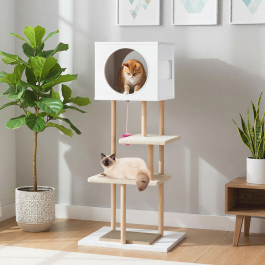 Tall Wood Cat Tower with 2 Corrugated Cardboard-White W2B