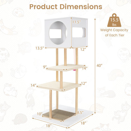 Tall Wood Cat Tower with 2 Corrugated Cardboard-White W2B