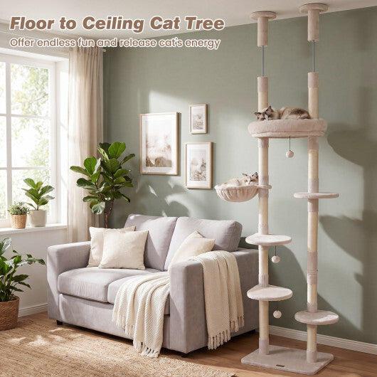 6-tier Floor to Ceiling Cat Tree with Plush Bed and Sisal Scratching Posts-Gray W2B