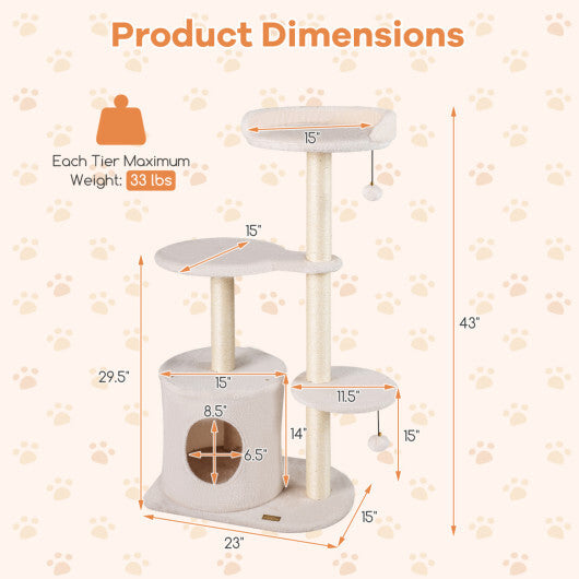 43" Cat Tree for Indoor Cats with Comfy Plush Perches and Sisal Scratching Posts-Gray W2B