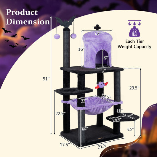 51" Gothic Multi-level Cat Tree with Spider Hanging Toy for Black Halloween-Red W2B