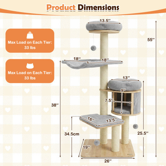 55" Solid Rubber Wood Cat Tree with Condo & Hammock and Scratching Posts for Adult Cats-Beige W2B