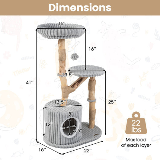 Solid Wood Cat Tree 41 Inch with Real Branches & Scratching Posts and Cozy Bed-Beige W2B