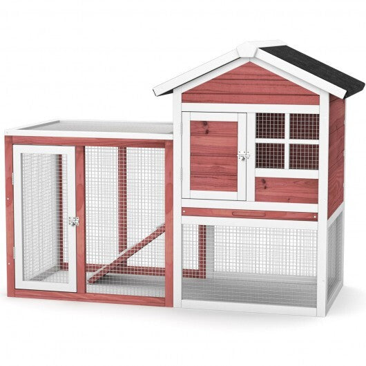 2-Story Wooden Rabbit Hutch with Running Area-Gray