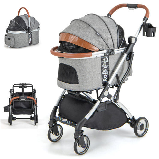 Foldable Dog Cat Stroller with Removable Waterproof Cover-Dark Gray