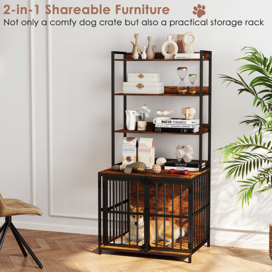 Wooden Dog Crate Furniture with Storage Shelves and Double Doors-Rustic Brown