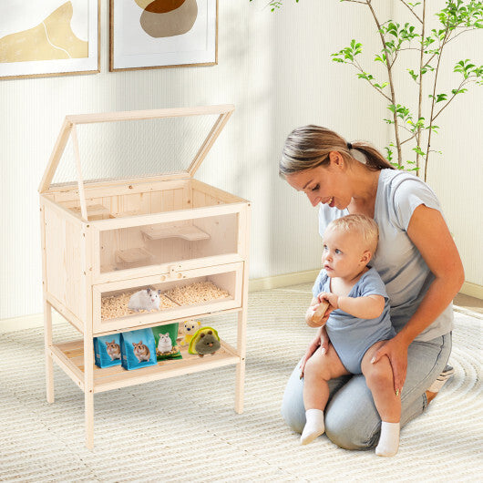 31.5 Inches Freestanding Hamster Cage Wooden Hamster Habitat Playpen-Natural W2B