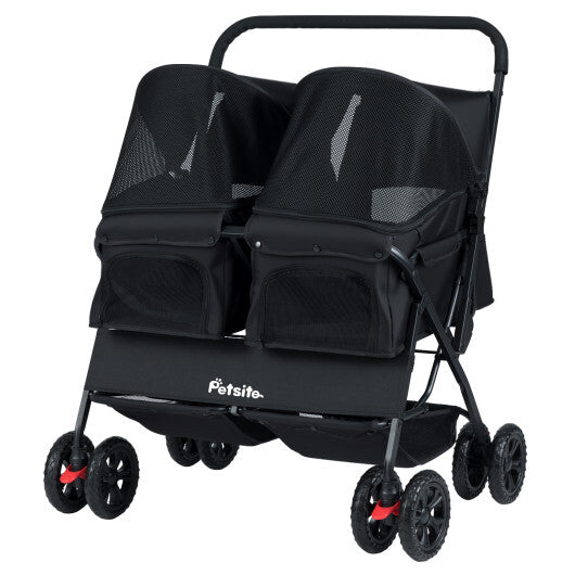 Foldable Double Pet Stroller with Adjustable Sunshade and Storage Basket-Gray W2B