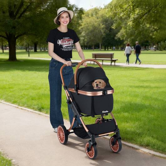 3-in-1 Foldable Pet Stroller with Sun Shade and Safety Belt for up to 55 lbs Small Medium Dogs Cats-Black