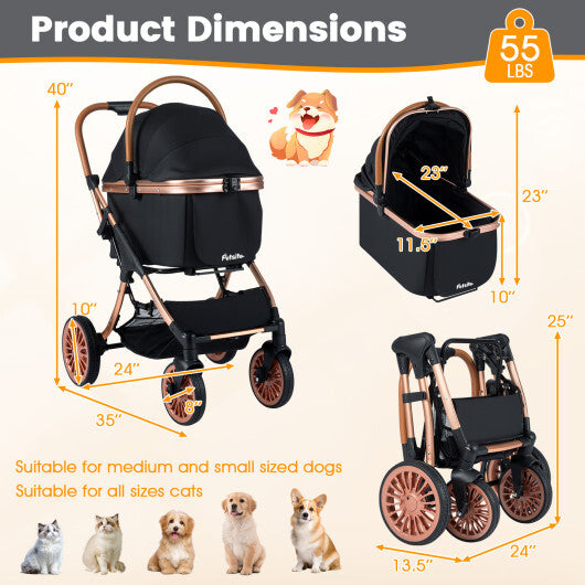 3-in-1 Foldable Pet Stroller with Sun Shade and Safety Belt for up to 55 lbs Small Medium Dogs Cats-Black