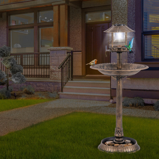 Pedestal Bird Bath with Solar Light with Bird Feeder and Flower Planter-Bronze W2B
